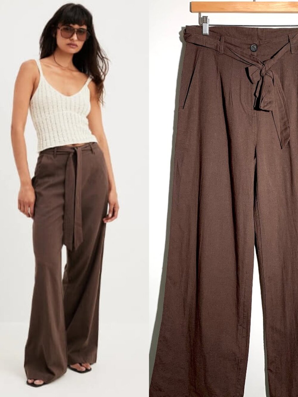 NWT NA-KD Brown Linen Blend Wide Leg Pants Tie Waist Trousers Minimalist L Flaw